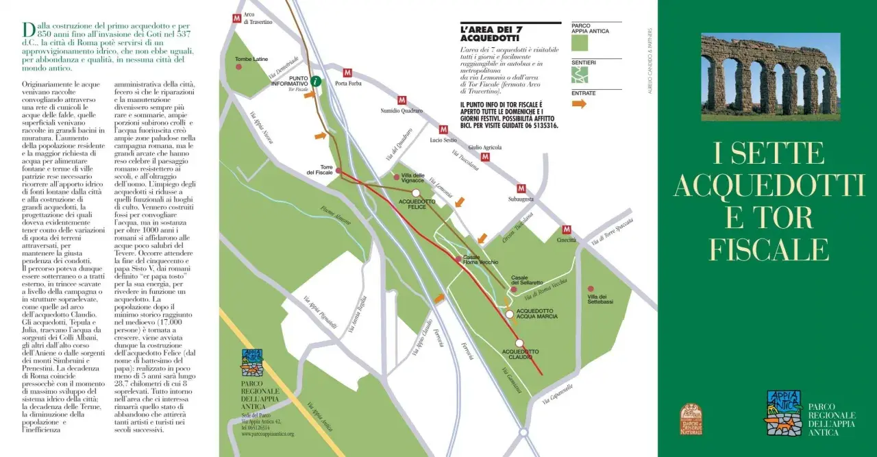 Mappa dell'area dei 7 acquedotti, tra cui l'Acquedotto Appio, con percorsi e punti di interesse.