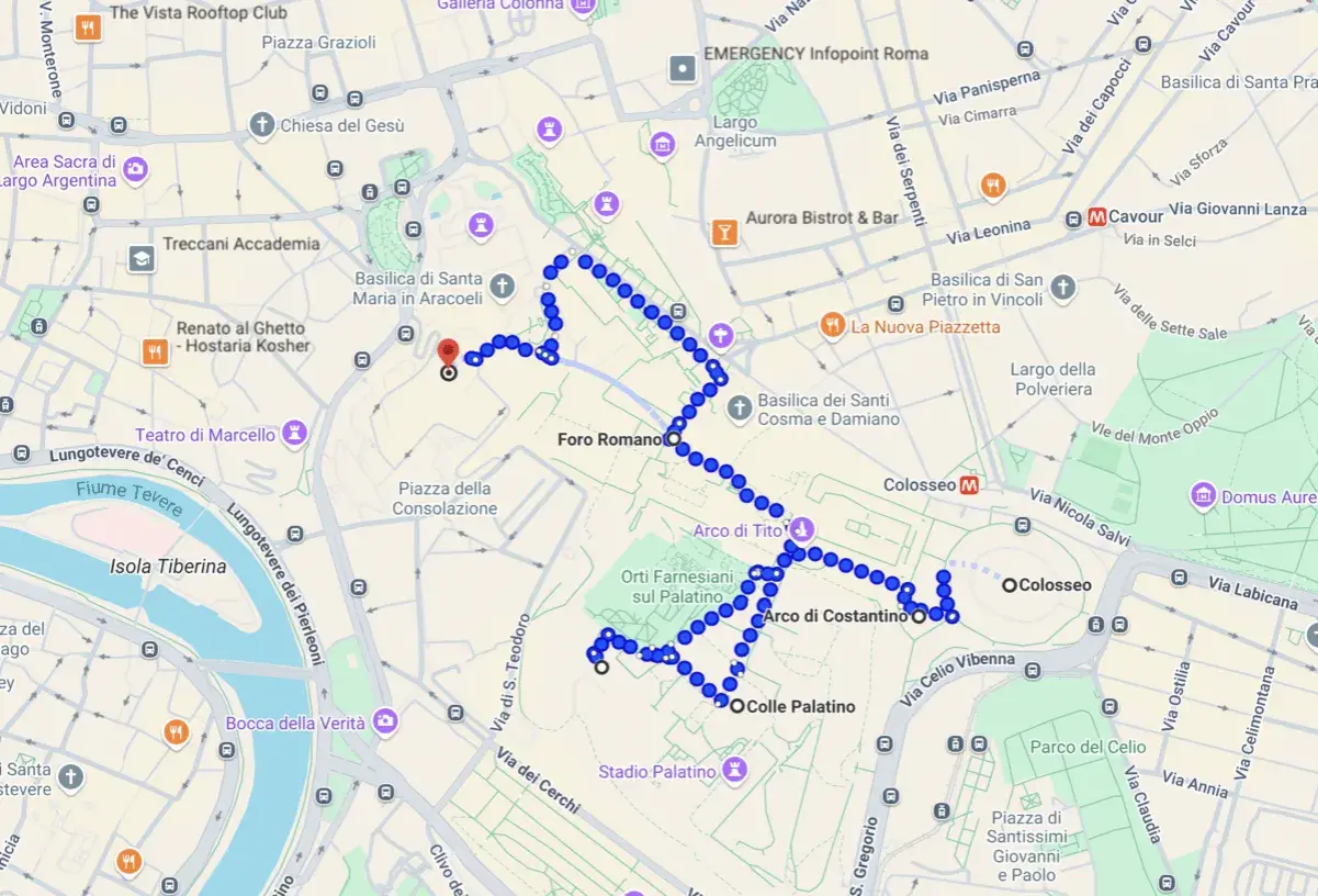 Percorso a piedi per un itinerario cosa vedere a Roma: dal Ghetto al Colosseo, passando per il Foro Romano e il Palatino.