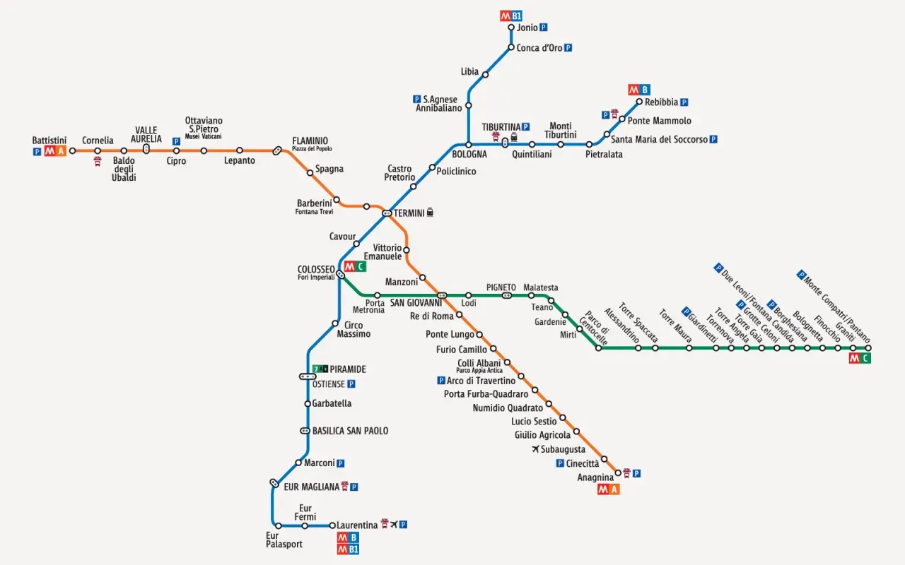 Mappa della metropolitana di Roma: da Anagnina a Termini, con le linee A, B e B1 che collegano le principali stazioni.