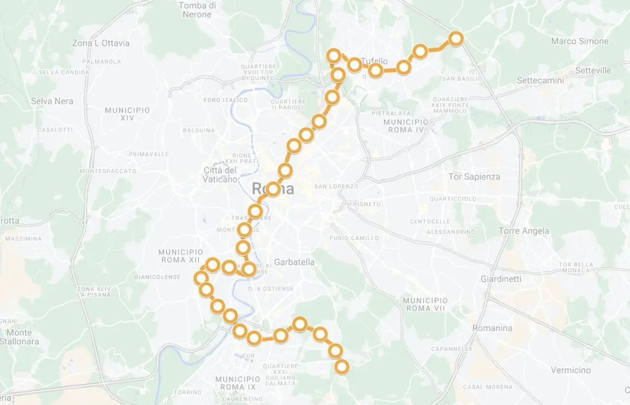 Mappa di Roma con la linea del metro d evidenziata in arancione, che attraversa la città da nord-ovest a sud-est, passando per zone come Tufello, Garbatella ed EUR.