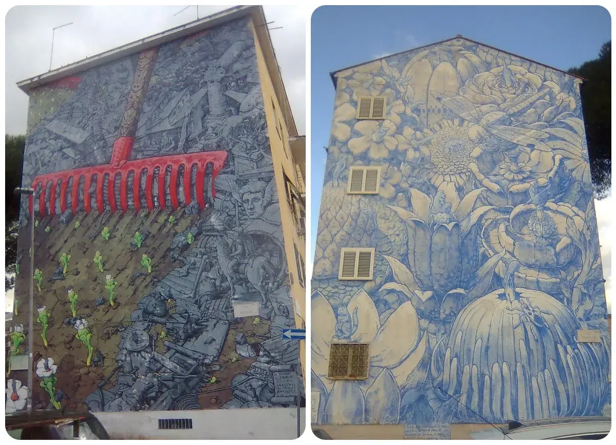 Due murales a San Basilio: uno con un rastrello rosso su un campo di detriti e figure mitologiche, l'altro con fiori e insetti in blu.
