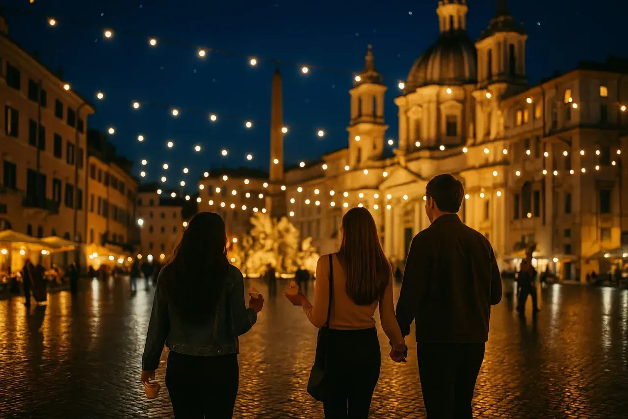 Passeggiata serale a Roma, con luci soffuse che illuminano la piazza e un'atmosfera magica.