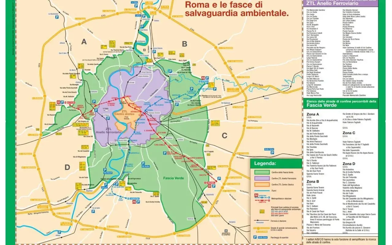 Mappa di Roma con ZTL, parcheggio Ludovisi e Fascia Verde. Le zone A, B, C, D semplificano la ricerca delle strade di confine.