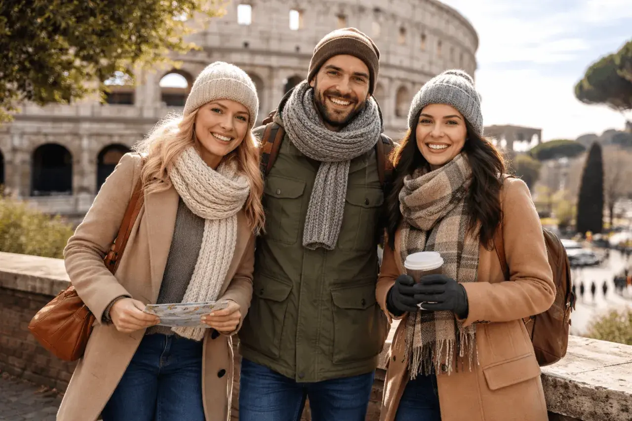 Tre amici sorridono davanti al Colosseo, vestiti a strati con cappelli e sciarpe. Perfetto per sapere come vestirsi a Roma in questi giorni!