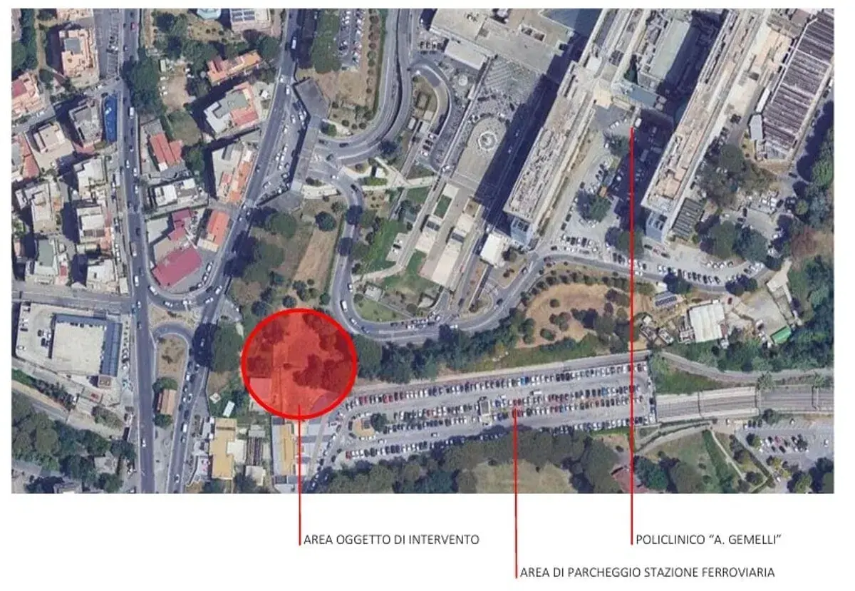 Vista aerea di Roma: area oggetto di intervento vicino alla fermata Policlinico, con parcheggio stazione ferroviaria e Policlinico Gemelli.