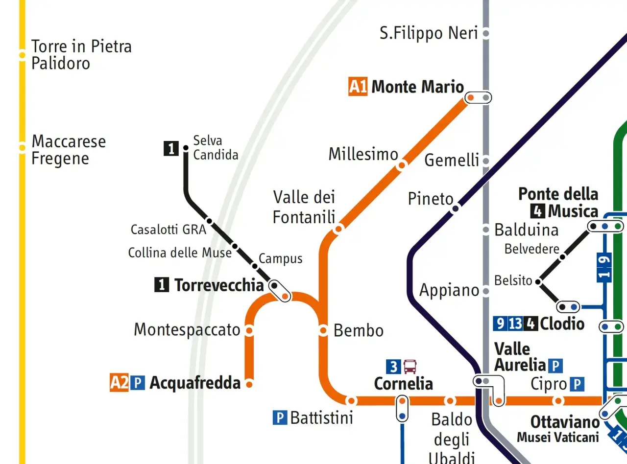 Mappa metro Roma: linea A, con fermate Valle Aurelia, Cornelia, Ottaviano e Termini.
