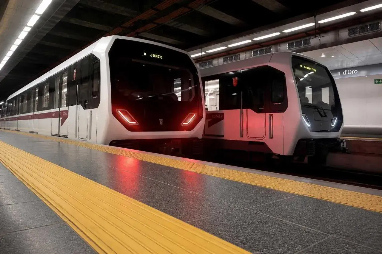 Due treni moderni fermi in banchina alla metropolitana Laurentina, pronti a partire.