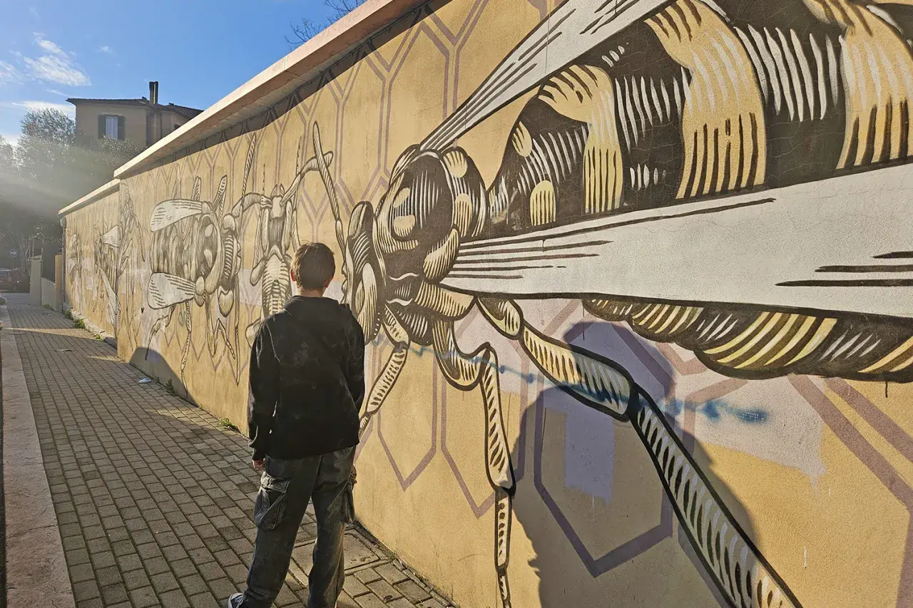 Ragazzo ammira un murale di insetti stilizzati a Quadraro, Roma. La parete gialla è decorata con un'ape gigante e altre creature.
