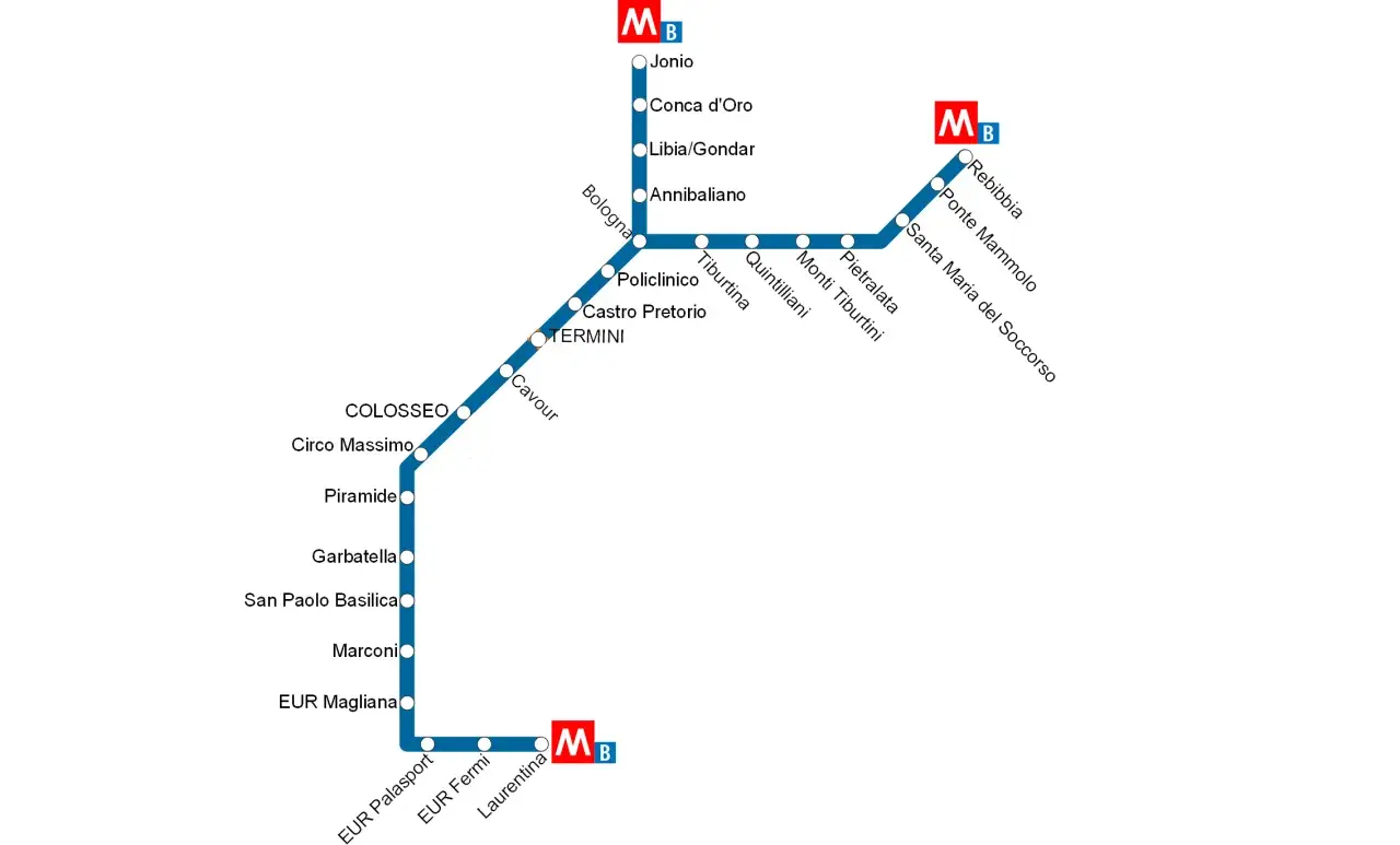 Mappa della metro B di Roma, con le fermate da Jonio a Laurentina, passando per Termini e stazione Ponte Mammolo.