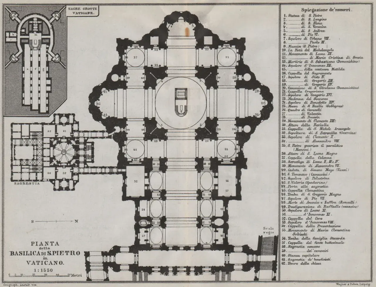 Pianta della Basilica di San Pietro in Vaticano. Descrizione dettagliata degli elementi architettonici e delle sepolture.