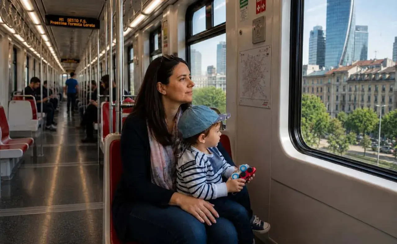 Mamma e bambino guardano fuori dal finestrino della metro. I bambini pagano la metro a Roma, ma questo piccolo esploratore è troppo giovane per preoccuparsi del biglietto.