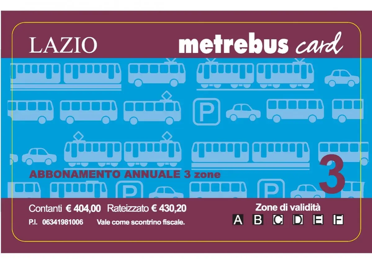 Abbonamento annuale Metrebus Lazio 3 zone, con icone di treni, bus e auto. Costo €404,00.