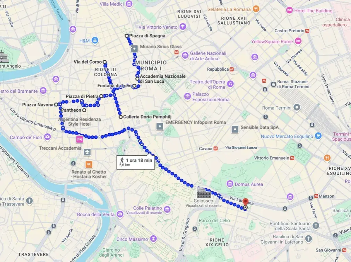 Un itinerario a piedi per scoprire cosa vedere a Roma: da Piazza di Spagna al Colosseo, passando per Fontana di Trevi, Pantheon e Piazza Navona.