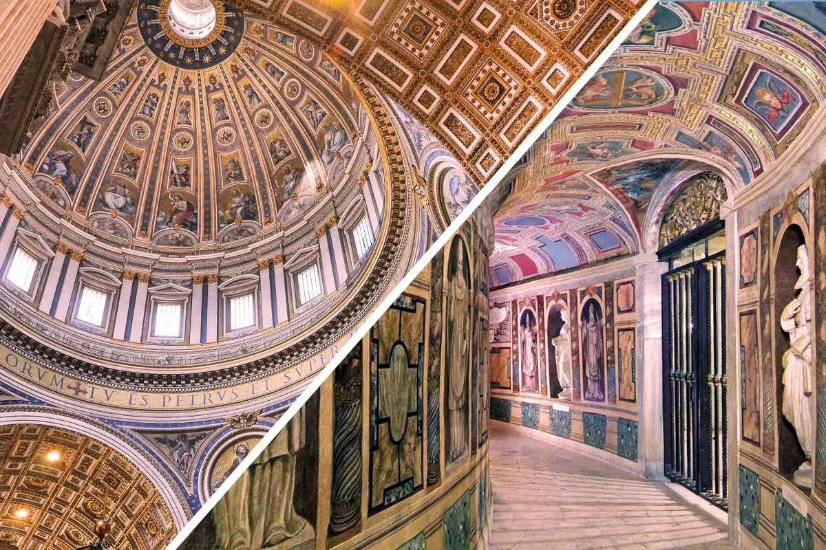 Interni della basilica di San Pietro: la cupola maestosa e un corridoio affrescato. Ricerca breve.