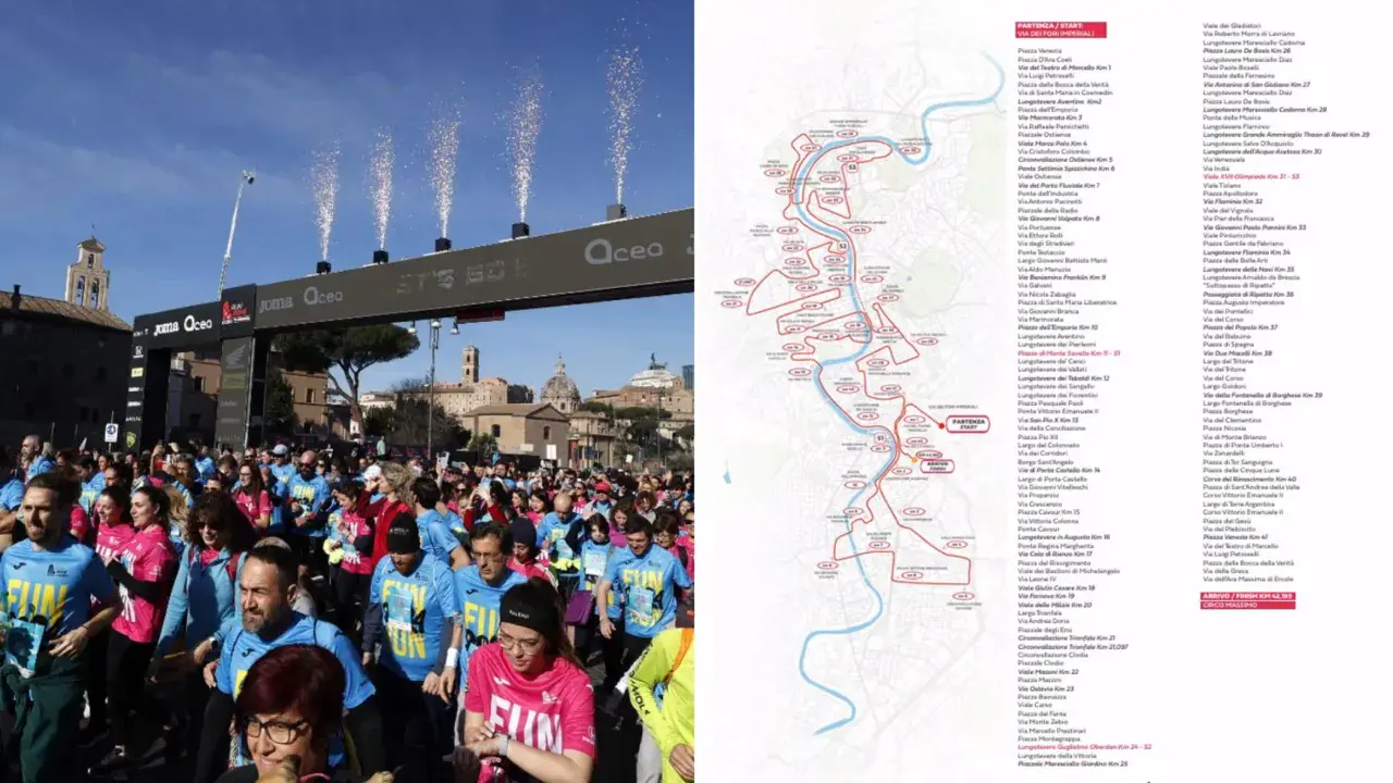 La folla festeggia alla partenza di una maratona a Roma, con fuochi d'artificio e la mappa del percorso. Notizie sulla metro e la gara.