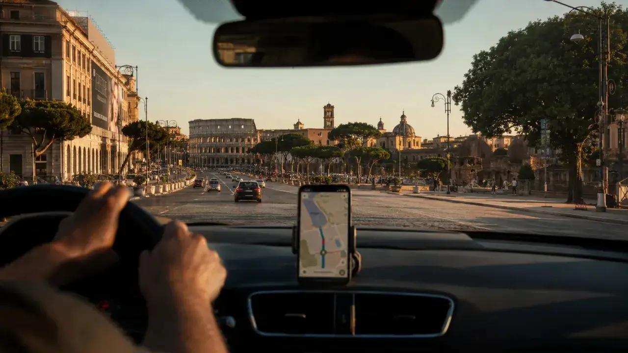 Navigatore in auto indica la strada per la stazione metro Anagnina, con il Colosseo sullo sfondo.