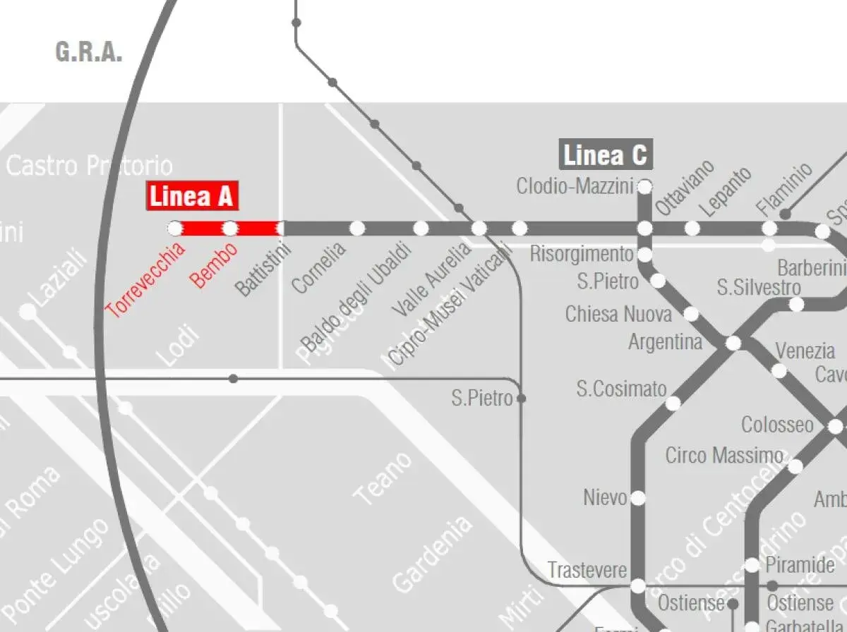Mappa della metro di Roma: la Linea A con le fermate Torrevecchia, Bembo e Battistini.