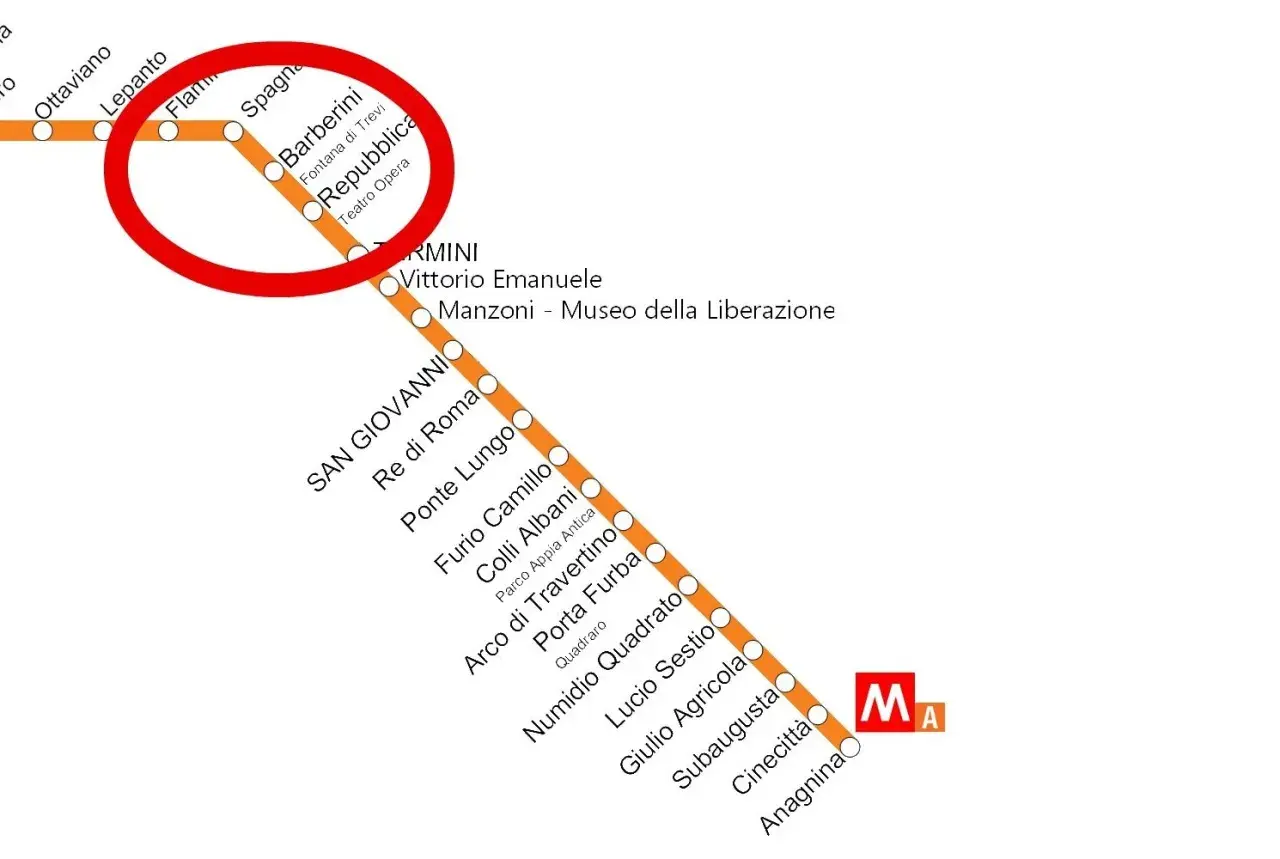 Mappa metro Roma: la linea A con fermate da Ottaviano a Anagnina. In evidenza la zona di Barberini.