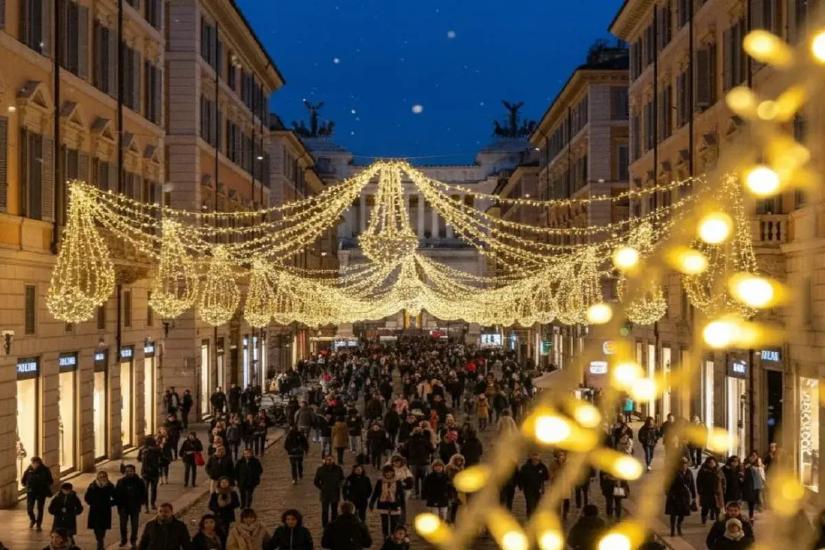 Luci natalizie illuminano una strada affollata a Roma, perfetta per scoprire cosa fare l'8 dicembre.