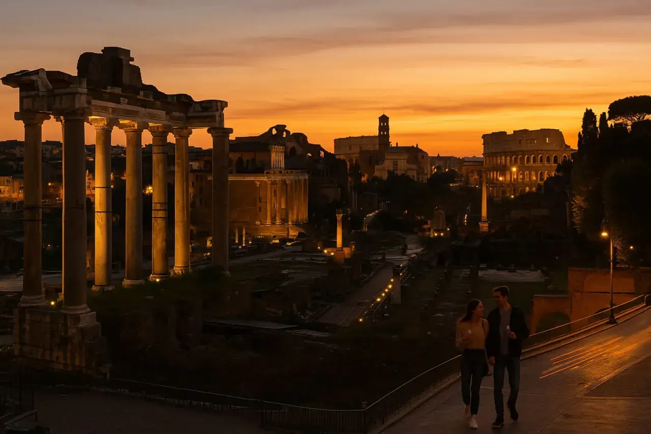 Coppia passeggia al tramonto tra le rovine del Foro Romano, con il Colosseo illuminato sullo sfondo. Un'atmosfera magica, ideale per scoprire Roma nel periodo migliore.