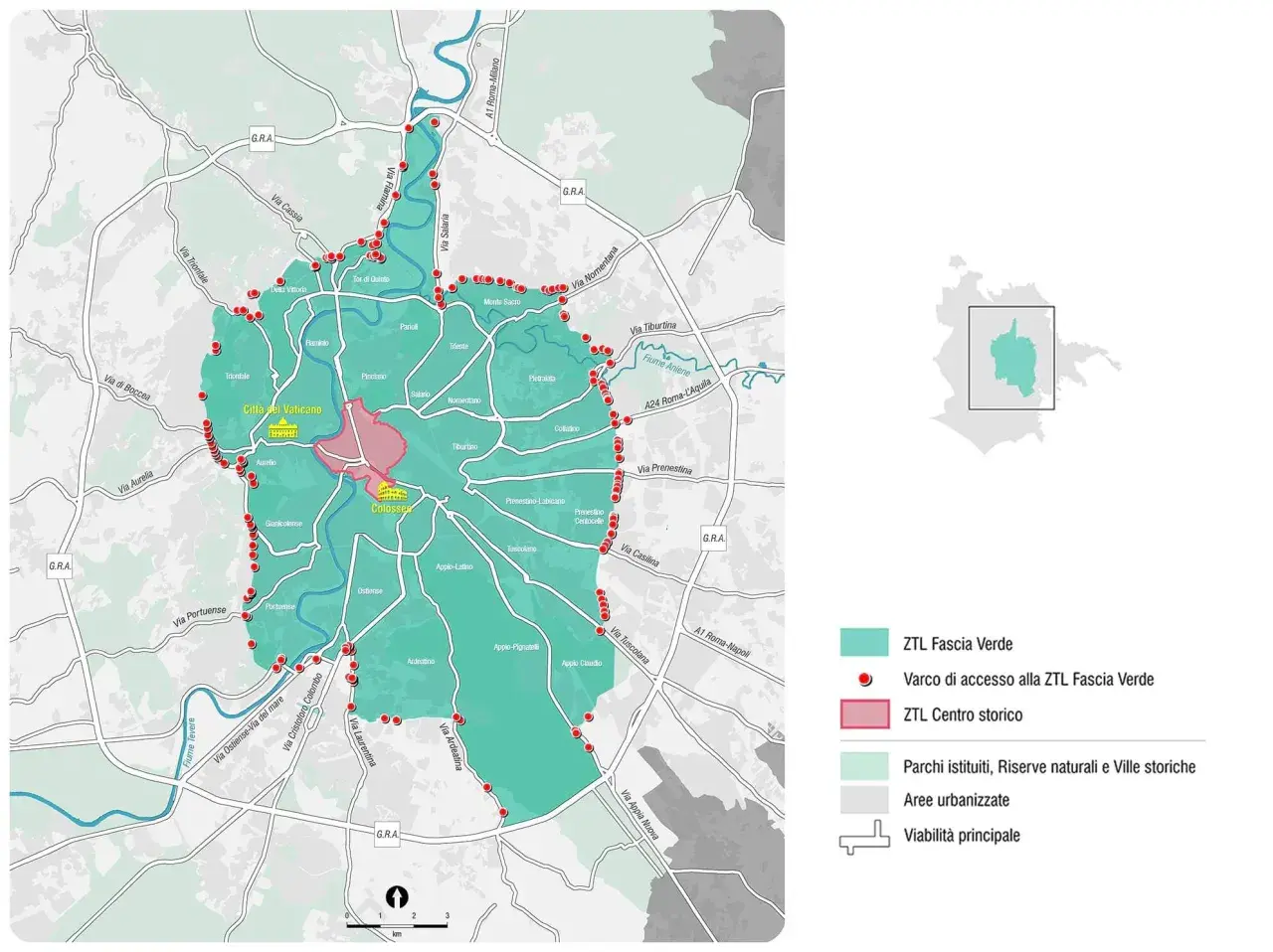 Mappa di Roma: come arrivare a Termini senza ZTL. Indica la Fascia Verde, i varchi e il Centro Storico.