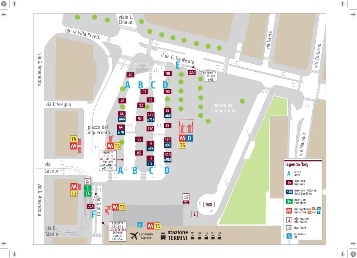 La mappa mostra quante uscite ha la stazione Termini, con fermate bus, metro e tram contrassegnate da lettere e numeri.