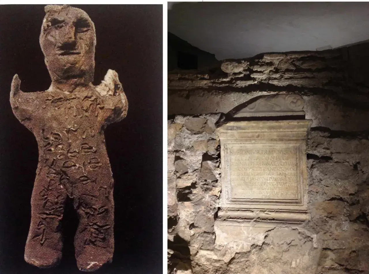 Antica statuetta in terracotta con iscrizioni e un'epigrafe su un piedistallo, reperti di una fonte romana.