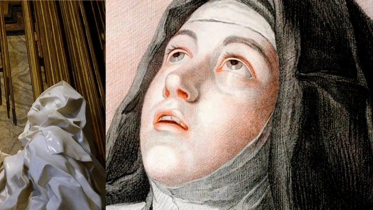 Collage: scultura di marmo bianco di Santa Teresa in estasi e un disegno a matita del suo volto.