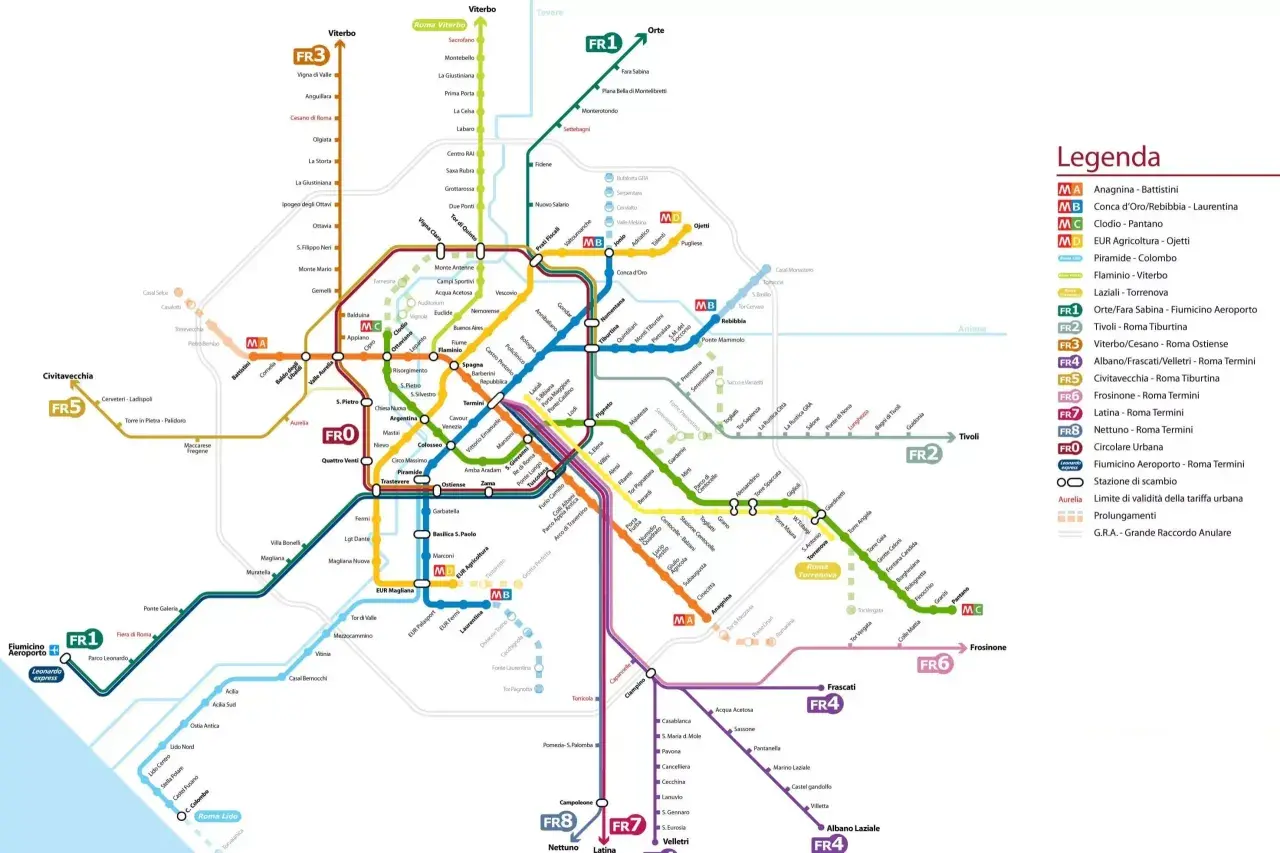 Mappa della metro di Roma con le linee MA, MB, MC, MD, FR1-FR8 e FRO. La metro rossa (MA) collega Anagnina a Battistini.