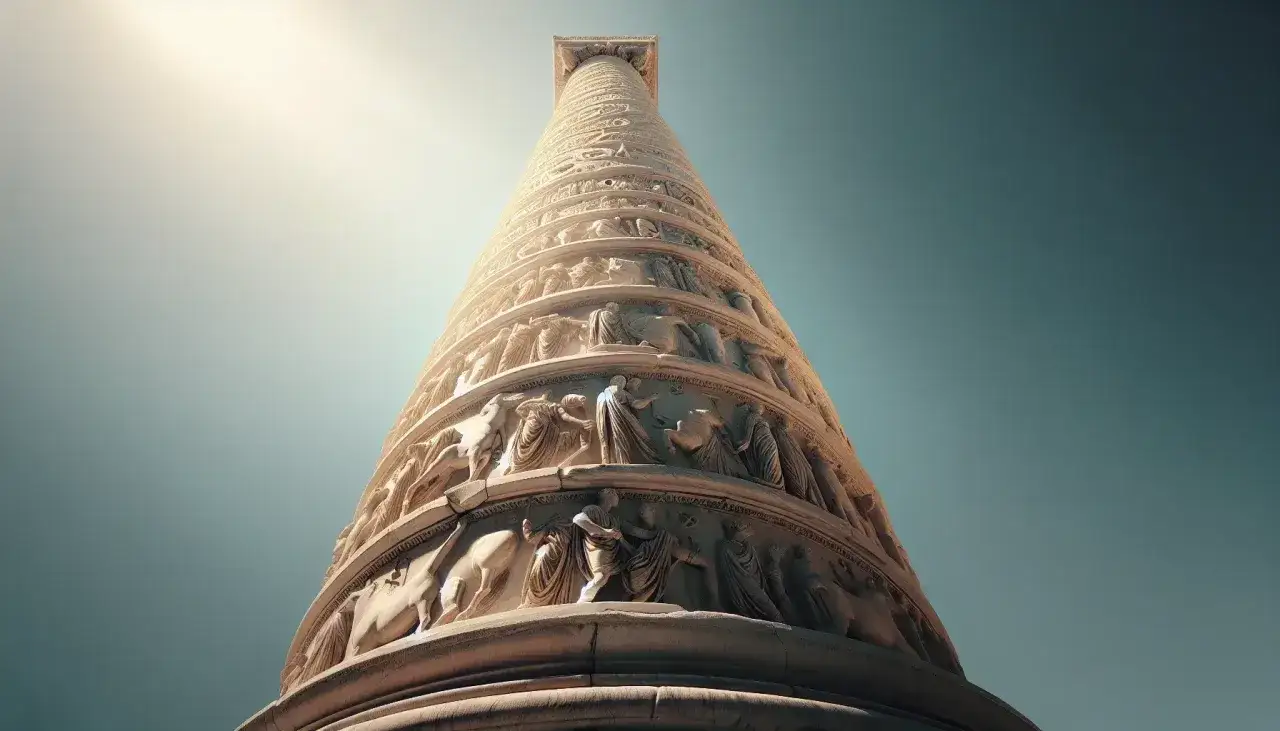 La colonna di Roma, con i suoi bassorilievi narranti storie antiche, si erge maestosa verso il cielo limpido.
