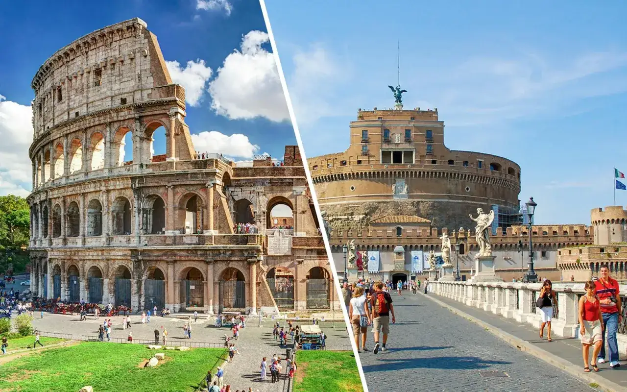 Colosseo e Castel Sant'Angelo, simboli di Roma, in un'estate di Ferragosto.