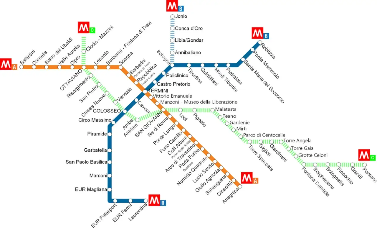 Mappa della metropolitana di Roma, con le linee A, B e C. La linea A passa per Barberini, Termini e Colosseo.