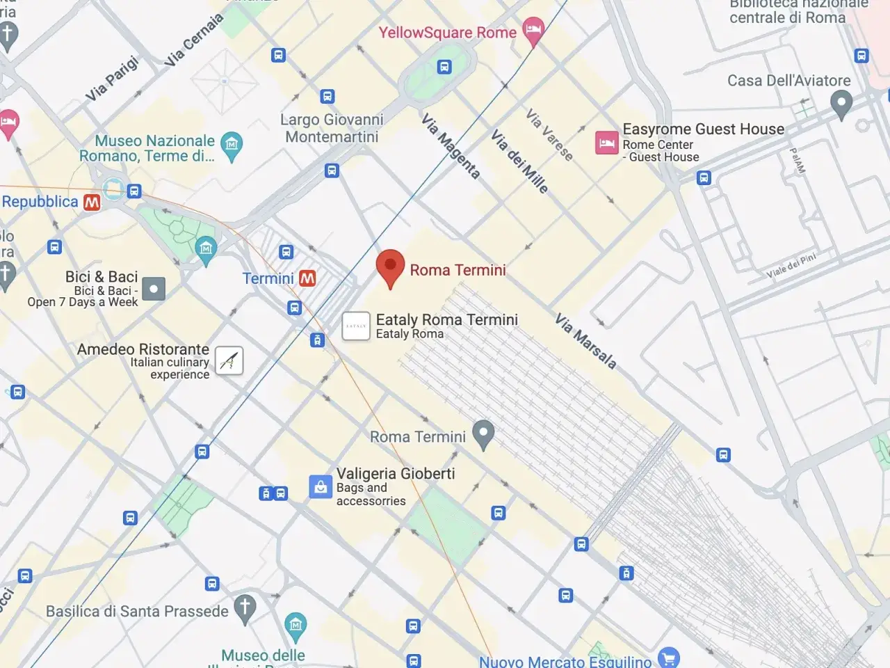 Mappa di Roma Termini con indicazioni per le uscite e punti di interesse vicini, come Eataly e musei.