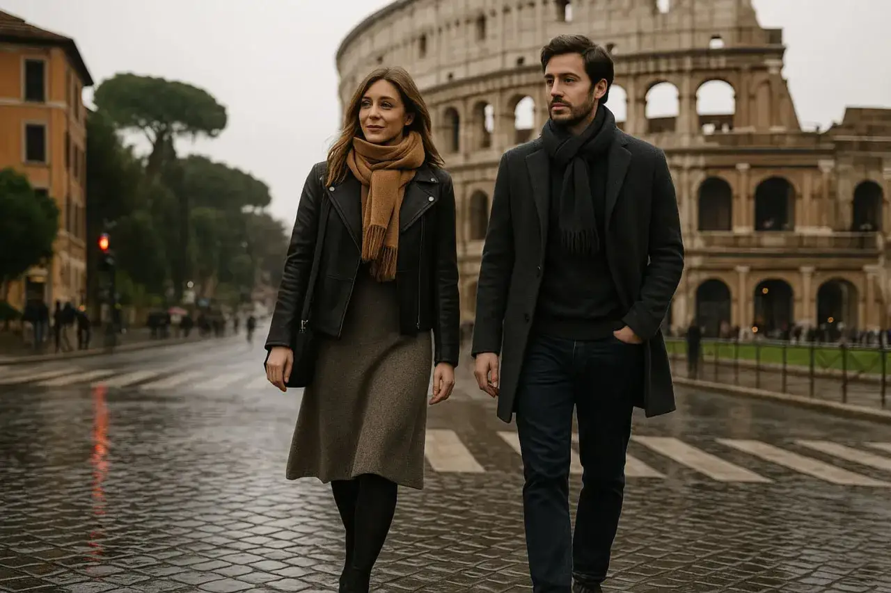 Coppia passeggia a Roma, con il Colosseo sullo sfondo. Lei indossa giacca in pelle, sciarpa e abito; lui cappotto, sciarpa e jeans. Perfetto per sapere come vestirsi a Roma in questi giorni.