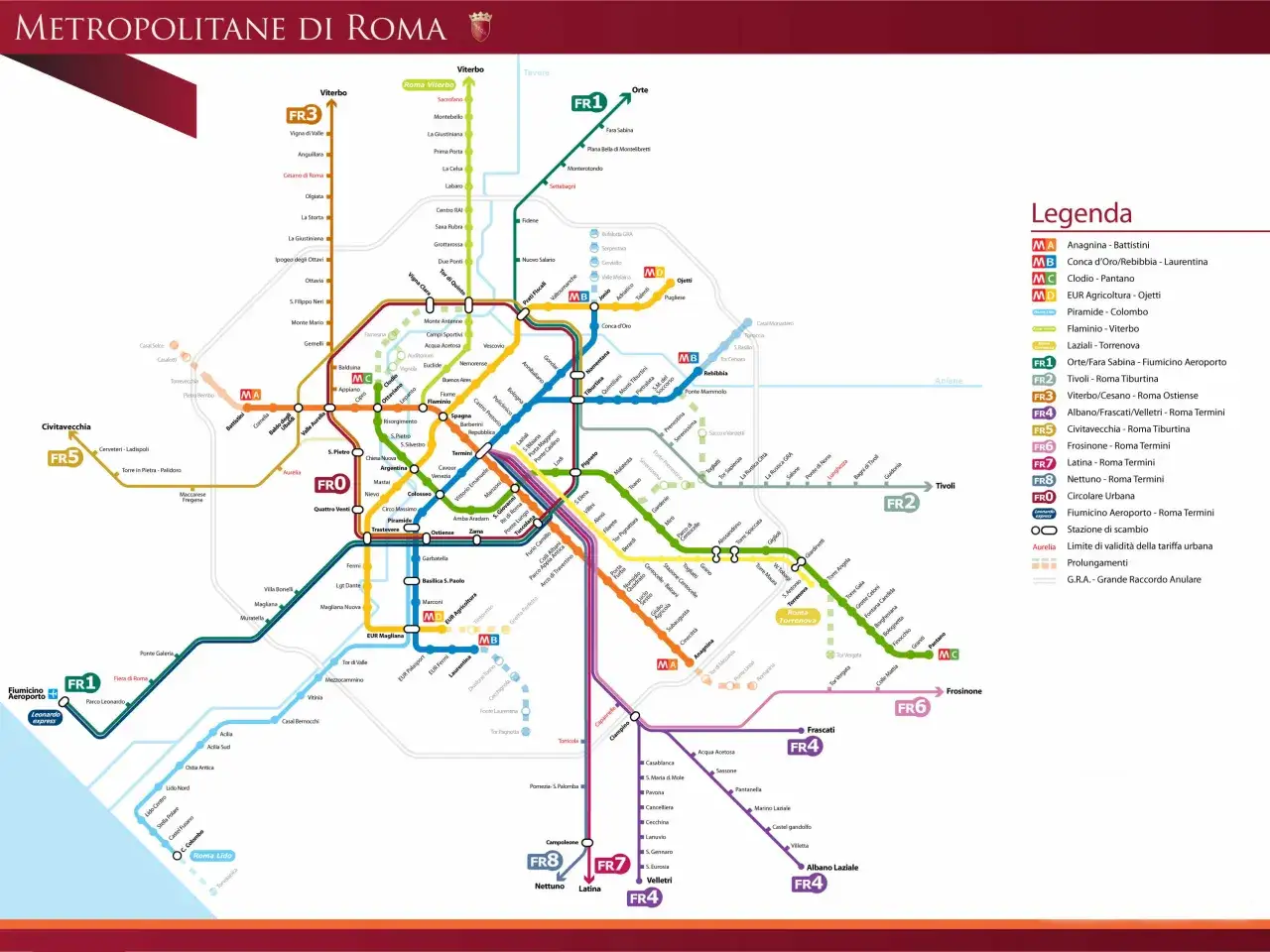 Mappa metro Roma: per arrivare a Ostia da Roma, prendi la linea FR5 da Civitavecchia o la linea Roma Lido (Piramide-Colombo) da Piramide.