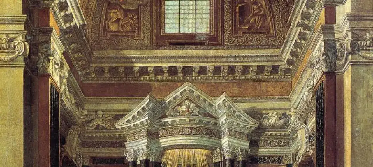 Interno barocco di Santa Teresa a Roma, con decorazioni dorate e affreschi sul soffitto.