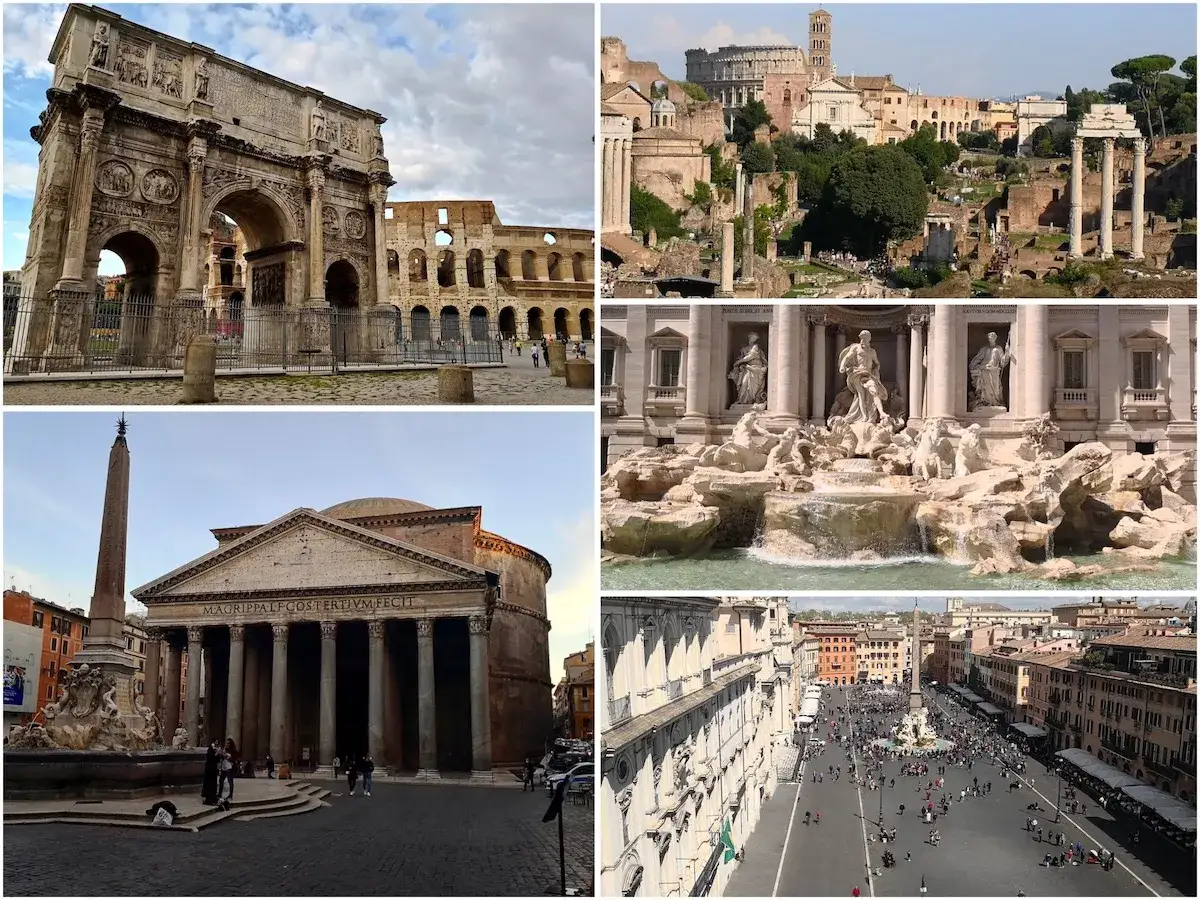 Arco di Costantino, Colosseo, Foro Romano, Fontana di Trevi, Pantheon e Piazza Navona: luoghi imperdibili da vedere a Roma.