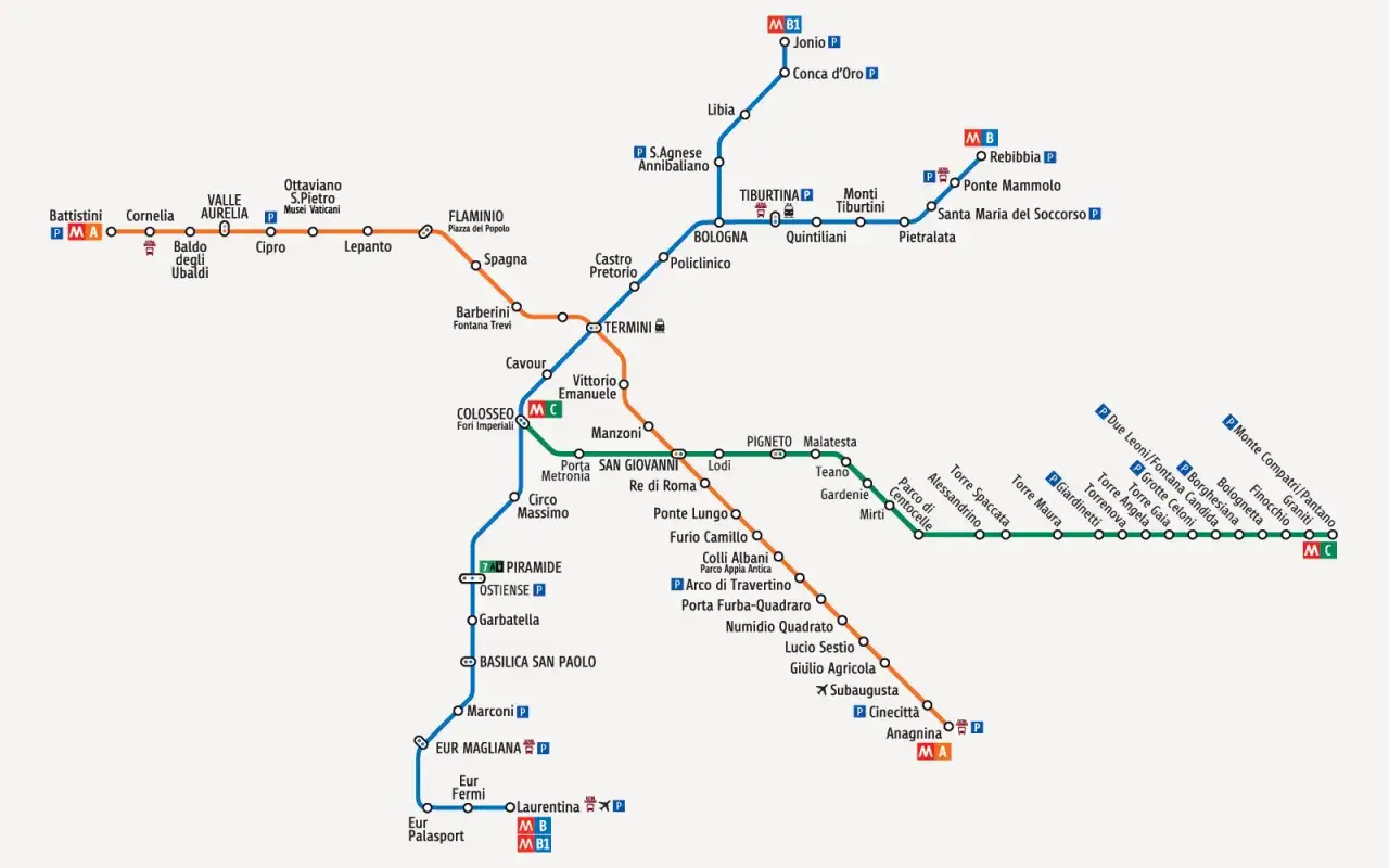 Mappa metro Roma: linee A, B, B1. Parcheggi gratuiti disponibili vicino a stazioni come EUR Magliana, EUR Palasport e altre.
