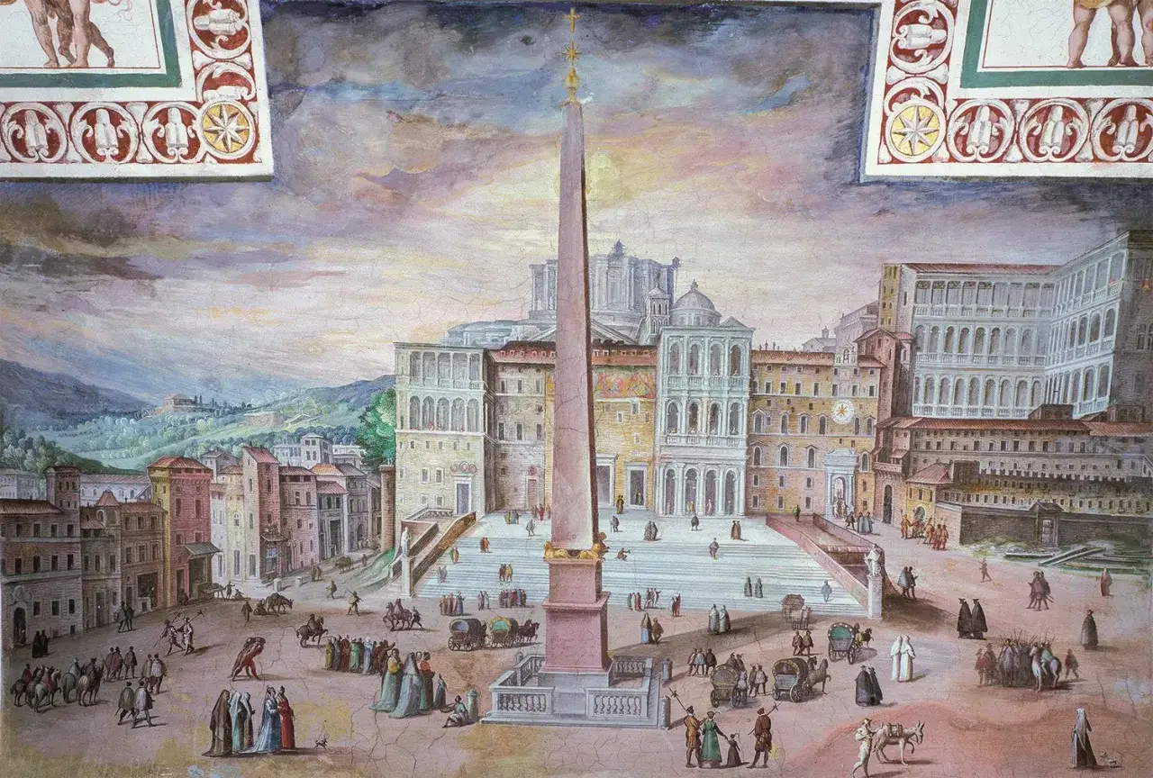 Affresco di piazza San Pietro antica, con obelisco, edifici rinascimentali e gente in abiti d'epoca.
