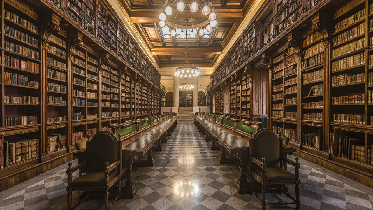 Imponente sala della biblioteca di archeologia e storia dell'arte a Roma, con scaffali in legno scuro carichi di libri, tavoli lunghi e sedie antiche.