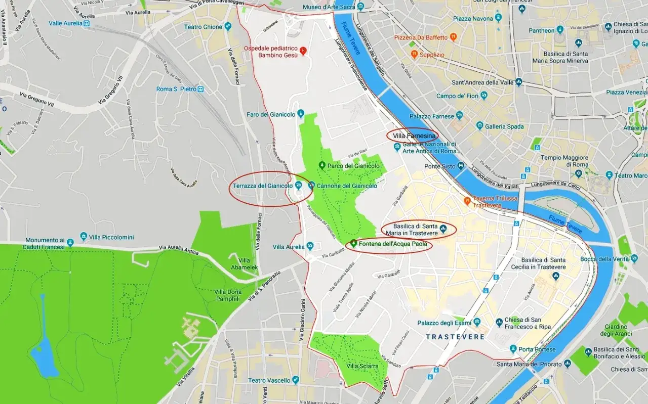 Mappa di Roma con aree di interesse: Terrazza del Gianicolo, Villa Farnesina, Fontana dell'Acqua Paola. Ideale per chi cerca dove dormire a Roma.