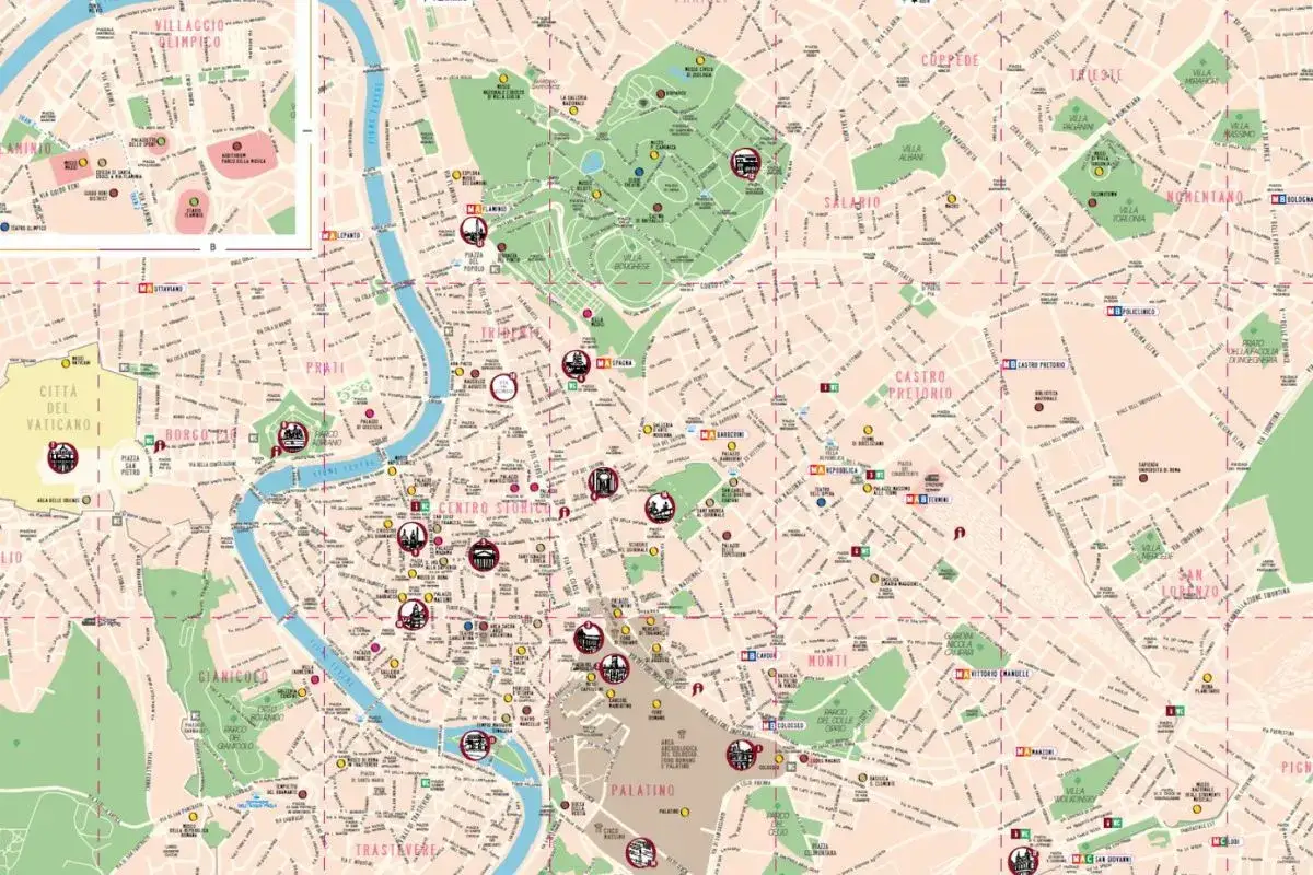 Mappa di Roma con indicati i quartieri, tra cui 00198 Roma quartiere, monumenti e zone di interesse.