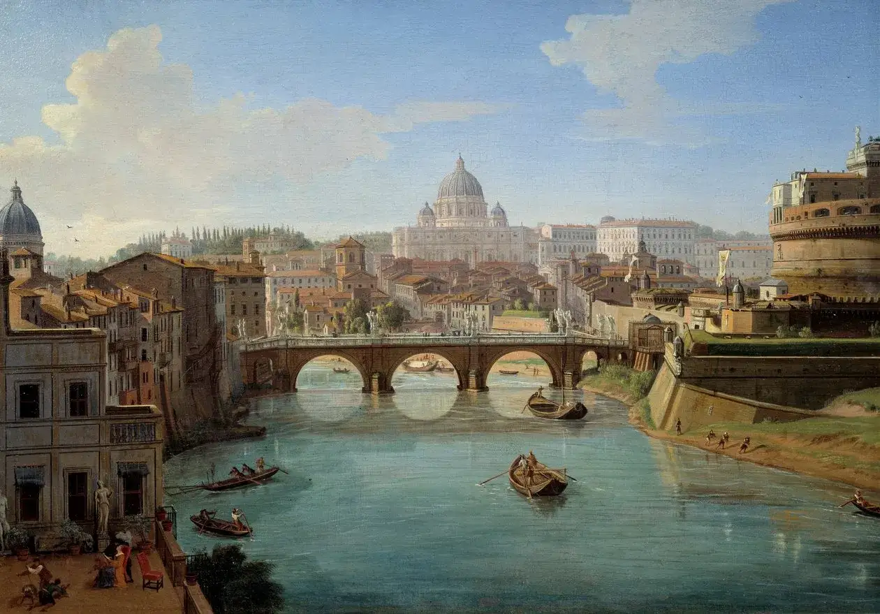 Vista di Roma con il Tevere, Ponte Sant'Angelo e Castel Sant'Angelo. In lontananza, la cupola di San Pietro, per chi cerca cosa vedere vicino a San Pietro.