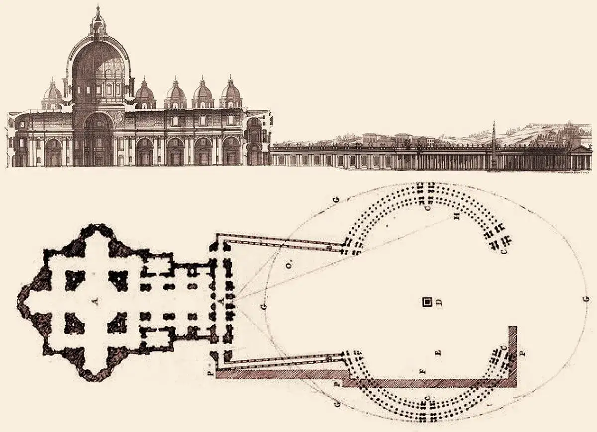 Disegno architettonico che mostra la prospettiva e la pianta della Basilica di San Pietro, con la piazza antistante.