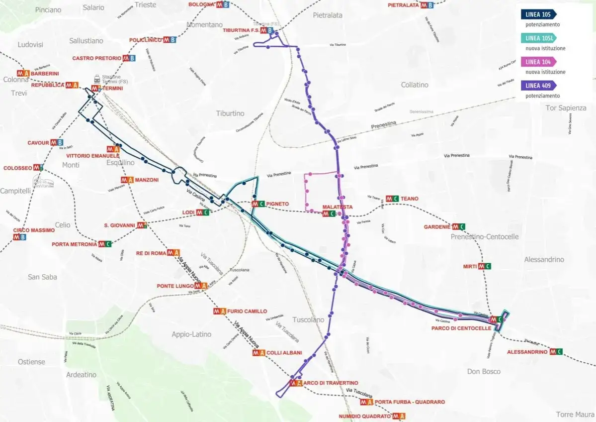 Mappa delle linee metro e bus di Roma, con particolare attenzione alle zone Prenestino-Centocelle e Tuscolano.