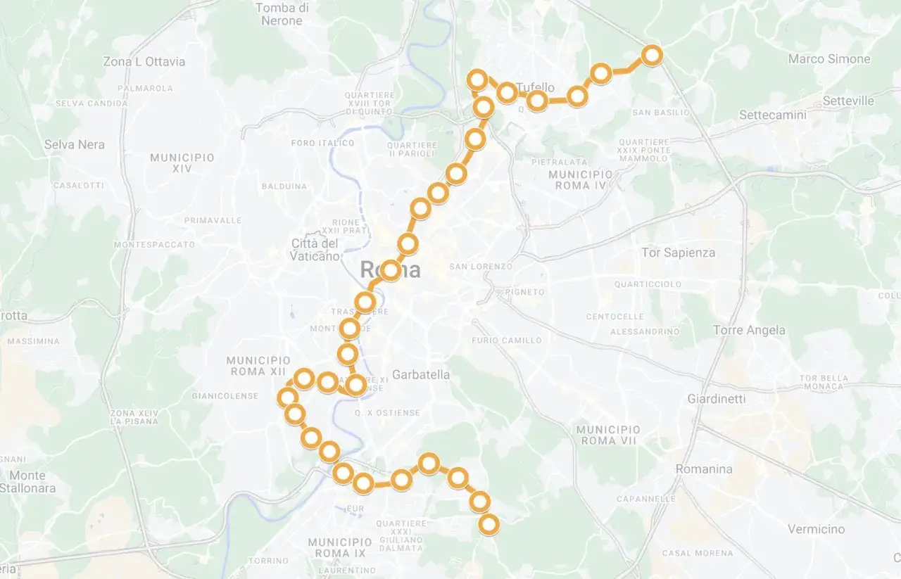 Mappa di Roma con la linea della metro che attraversa la città, passando per zone come Garbatella, EUR e Tufello.