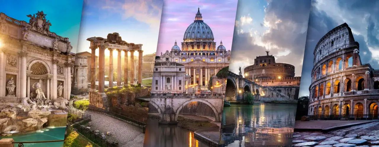 Un collage di i monumenti di Roma: Fontana di Trevi, Foro Romano, San Pietro, Castel Sant'Angelo e Colosseo, illuminati da luci suggestive.