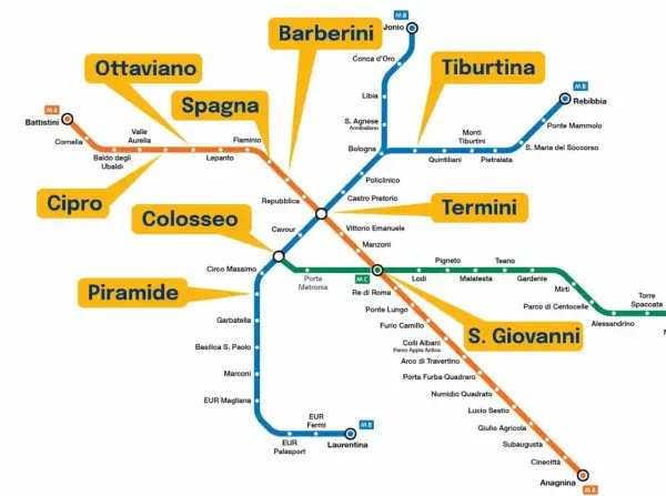 Mappa della metro di Roma con le linee A, B e C. Utile per sapere a che ora apre la metro e pianificare gli spostamenti.